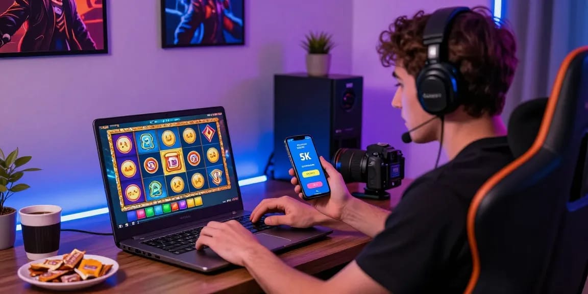Engaging scene of a player immersed in a slot deposit 5k game, with colorful graphics and a cozy setup.
