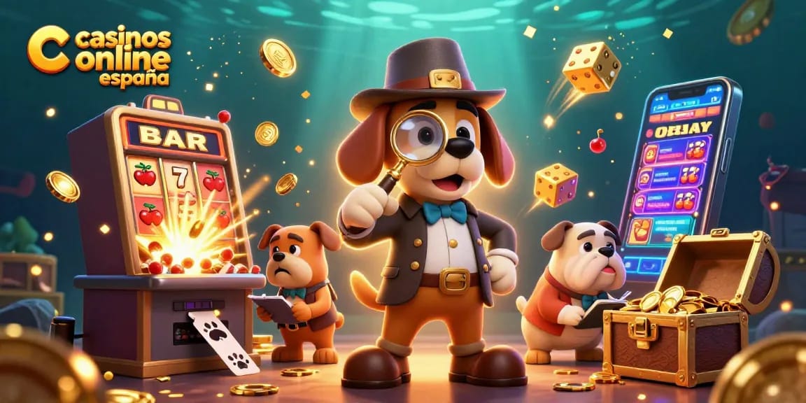 Jugando en casinos online España con un detective y un bulldog, rodeados de tragamonedas y premios.