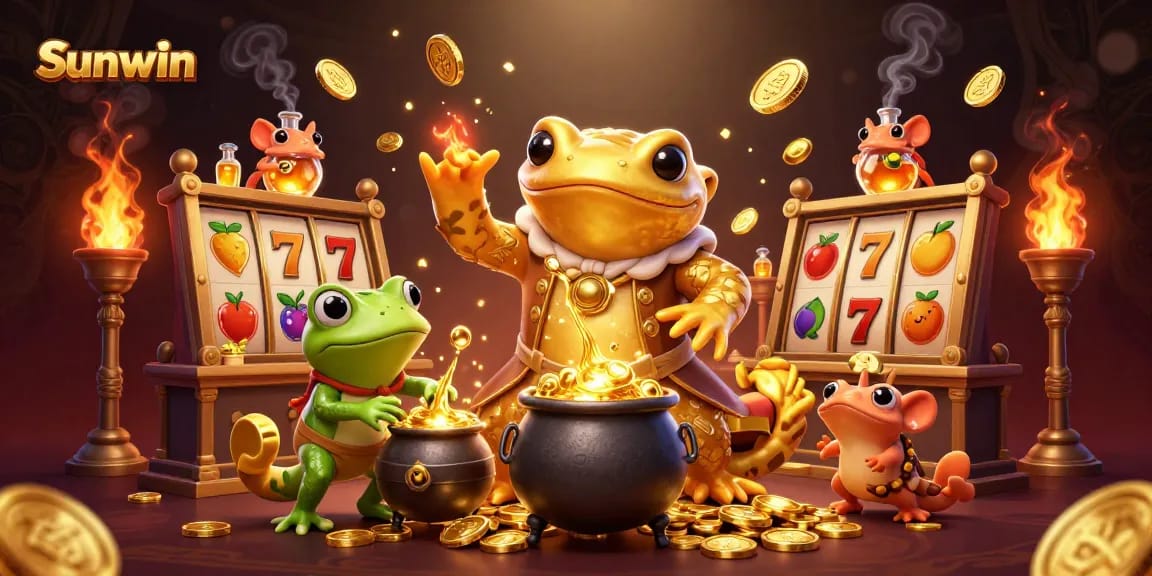 Engage with Sunwin by immersing in a magical realm of gold and winnings in this vibrant casino illustration.