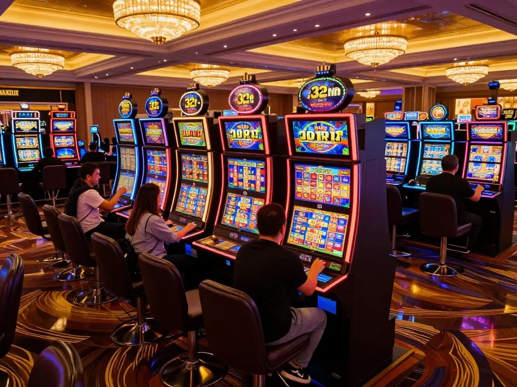 Engaging slot gaming scene showcasing 32win with vibrant machines and players in action