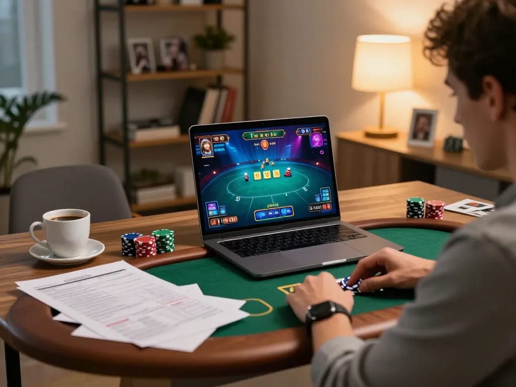 Engaged player enjoying online poker at home through xx88, surrounded by strategy notes and coffee.