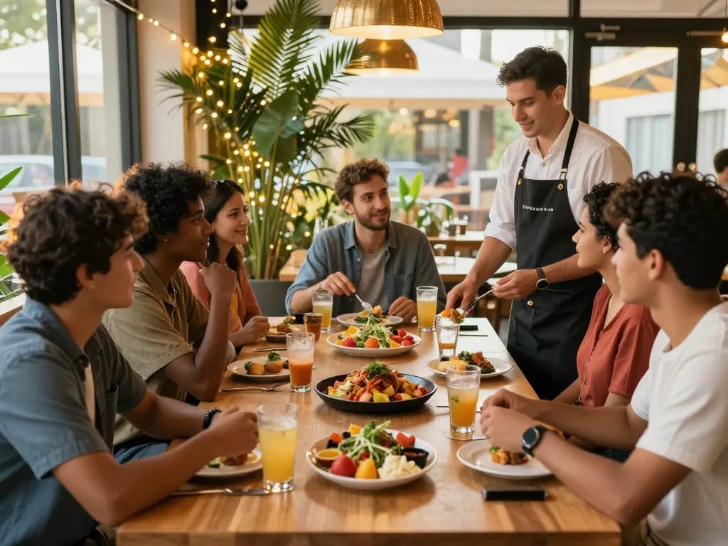 Exciting dining experience at POKERSERI with friends enjoying games and delicious food.