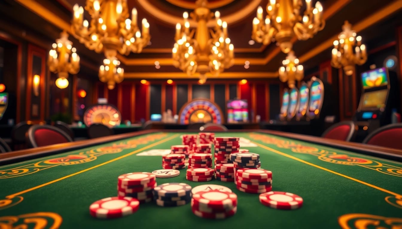 Experience the thrill of sunwin as players engage at a luxurious poker table filled with colorful chips and cards.