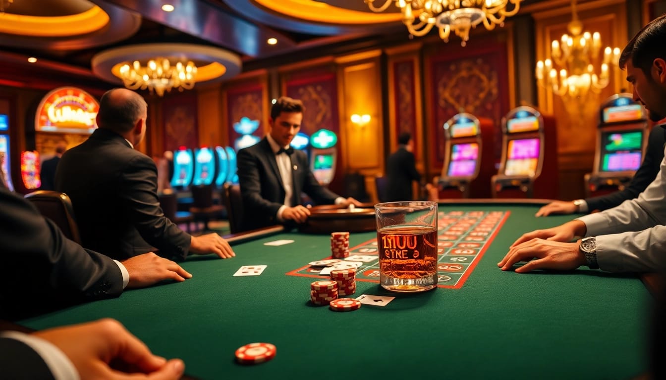 Experience high-stakes gaming at a luxurious casino featuring 11UU poker tables and vibrant slot machines.