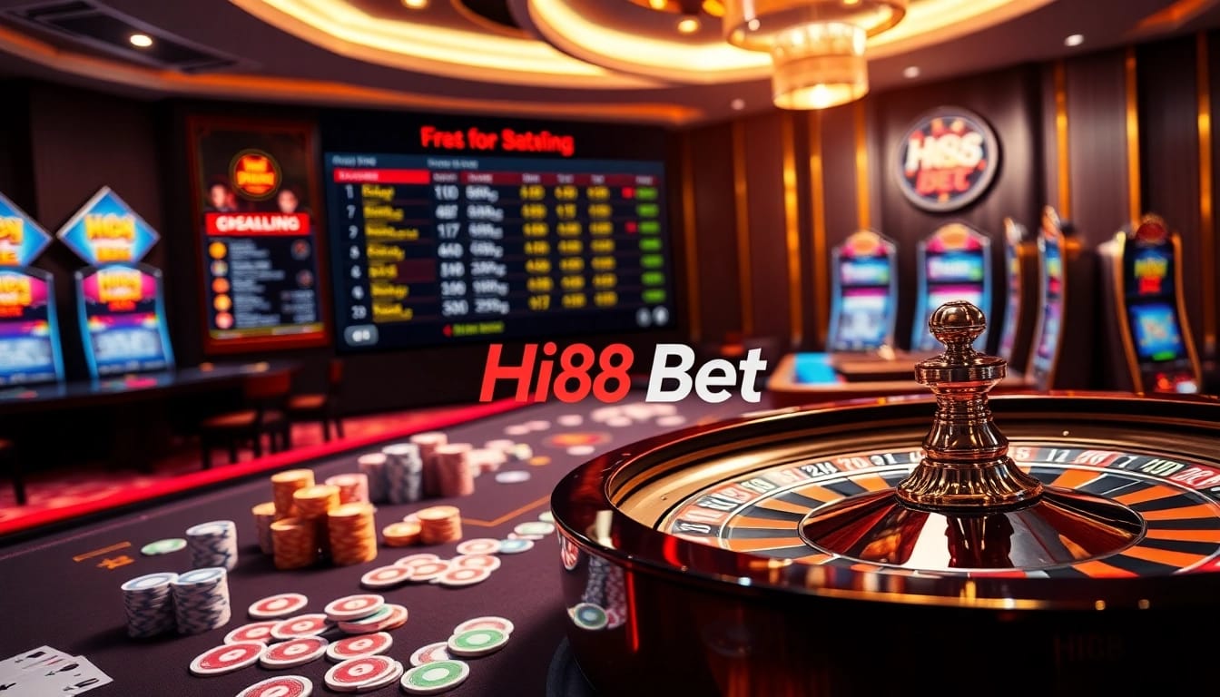 Players engaging in high-stakes gambling excitement at Hi88 Bet with vibrant casino visuals.