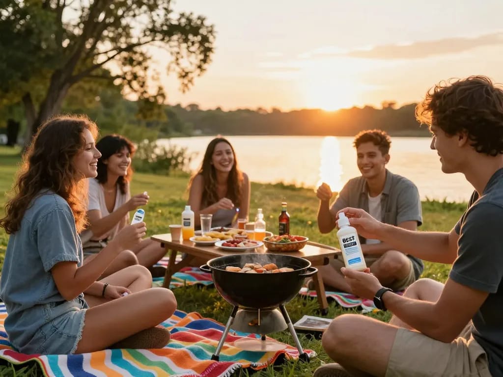 Friends using Best Mosquito Repellent during outdoor BBQ gathering, enjoying snacks and laughter.