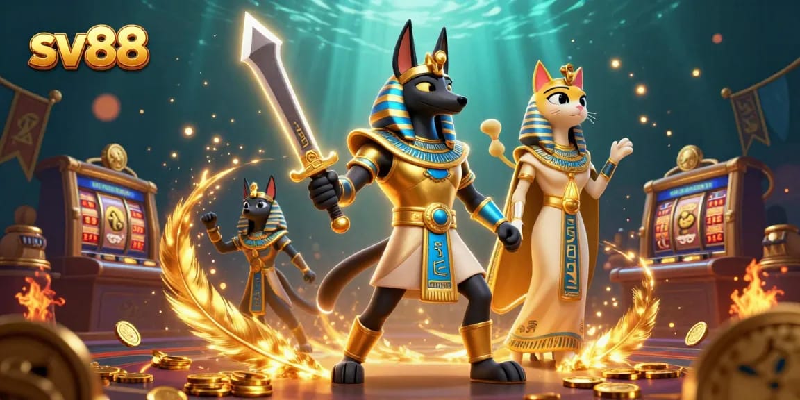 Experience the thrill of sv88 as Anubis battles in a lively casino scene filled with excitement.