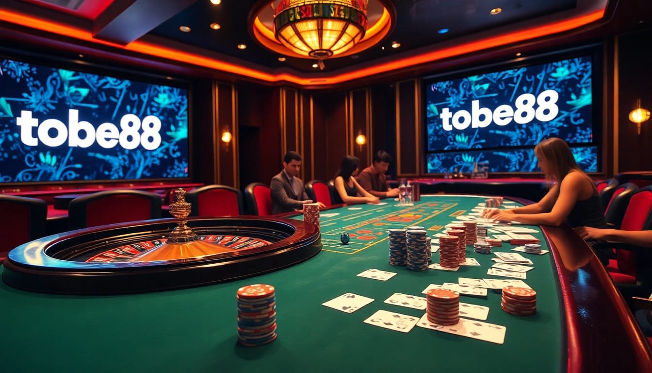 Join the thrilling action at tobet88, where poker players engage at a vibrant table in a luxurious casino setting.