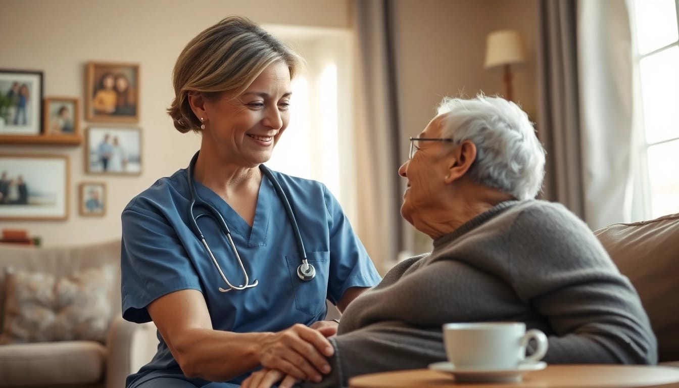 Engaging at home senior care professional assisting an elderly individual in a bright, welcoming living room.