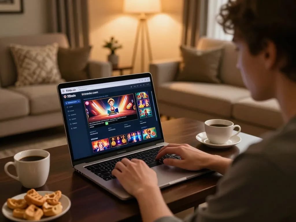 A player engaging with 789win com's gambling platform on a laptop in a cozy home setting, highlighting online gaming experience