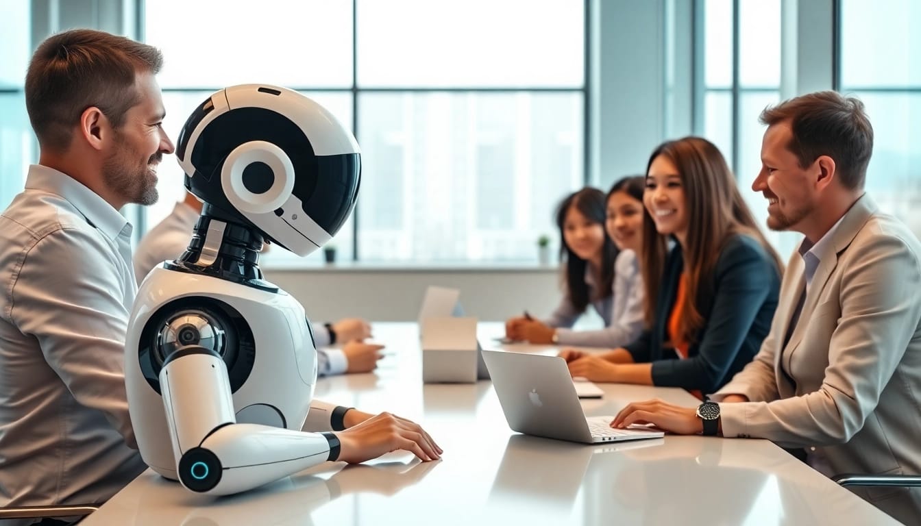 Showcasing an enterprise AI assistant aiding a diverse team in a modern office environment.
