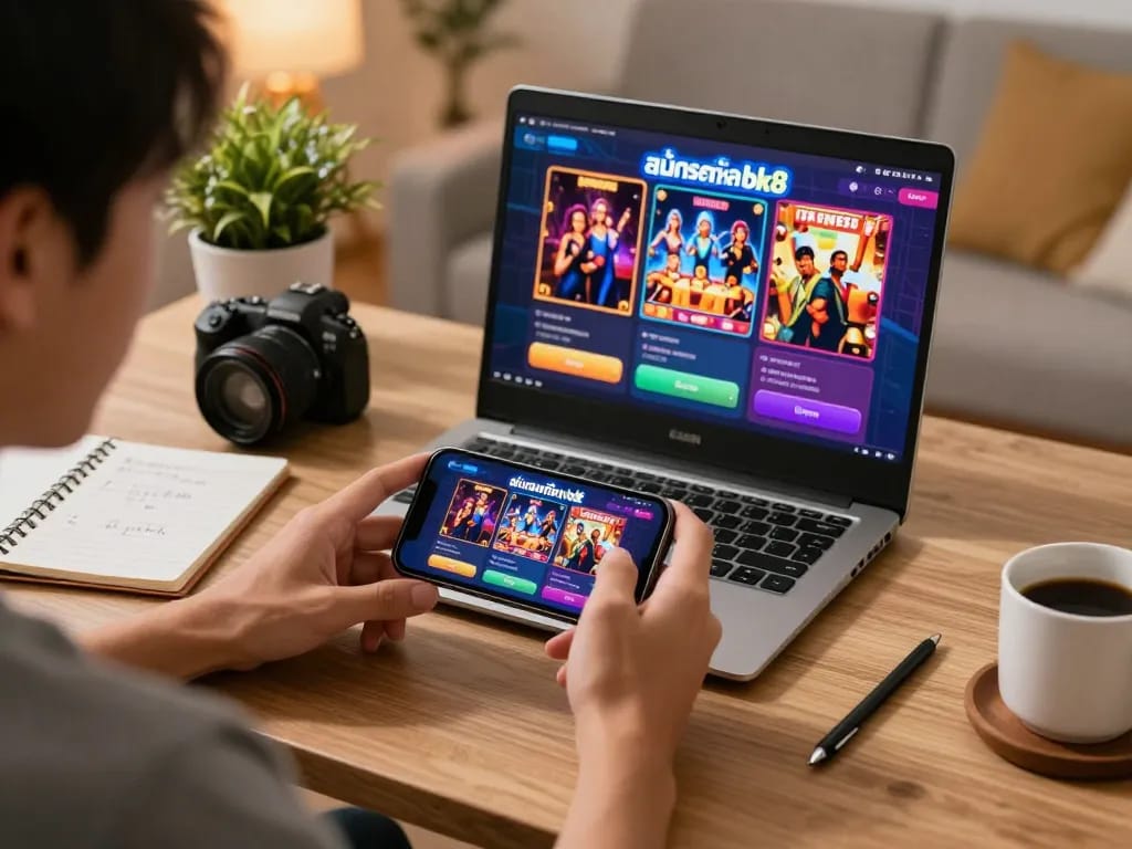 Engaging in สมัครสมาชิก bk8 while playing online casino games on a smartphone in a cozy home atmosphere