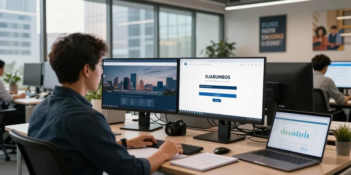 Engaged professional accessing DJARUMBOS LOGIN on a modern office workstation with city view.