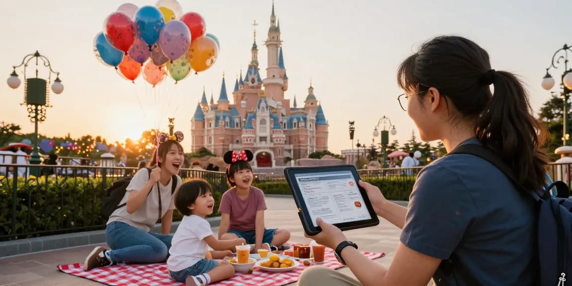 Disney travel agent CRM scene with advisor assisting a family at Disney, showcasing excitement and professionalism.