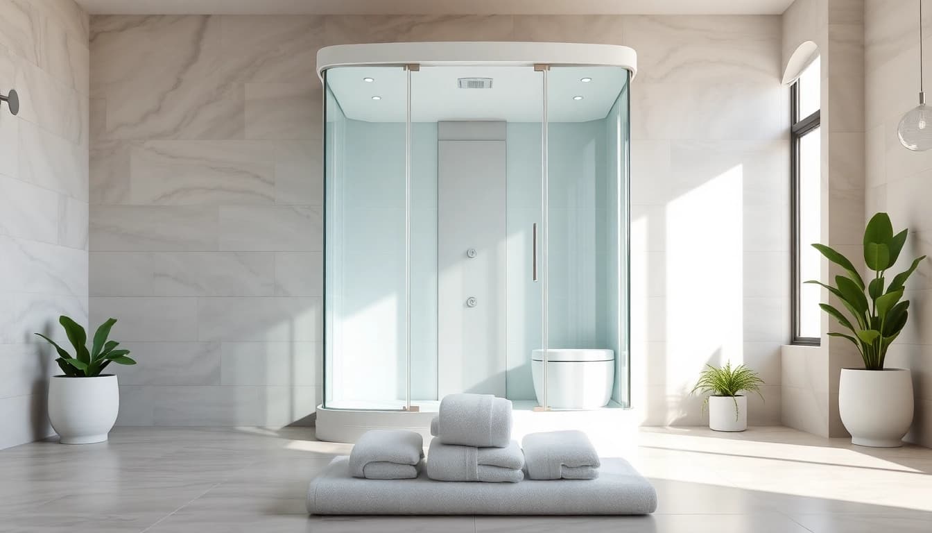 Installer une cabine de douche complete moderne avec parois en verre transparent dans une salle de bains élégante.