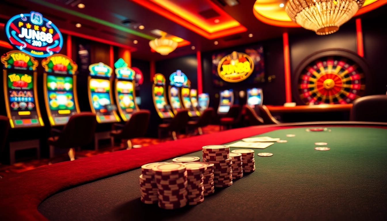 Experience thrilling gameplay at Jun88 Casino with vibrant poker tables and exciting slot machines.