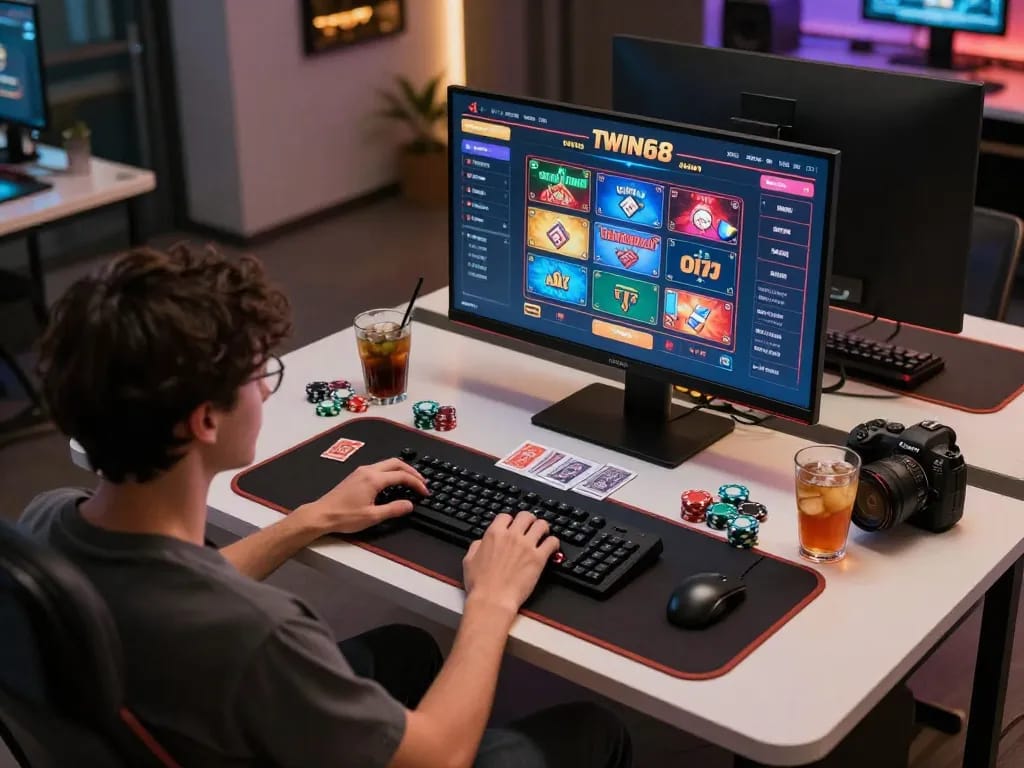 TWIN68 player engaging with online casino games at home using modern gaming setup
