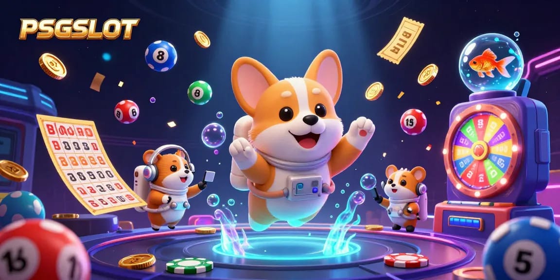 PSGSLOT hadir dalam ilustrasi 3D yang menampilkan astronaut corgi, hamster, dan ikan jenahak di kasino luar angkasa.