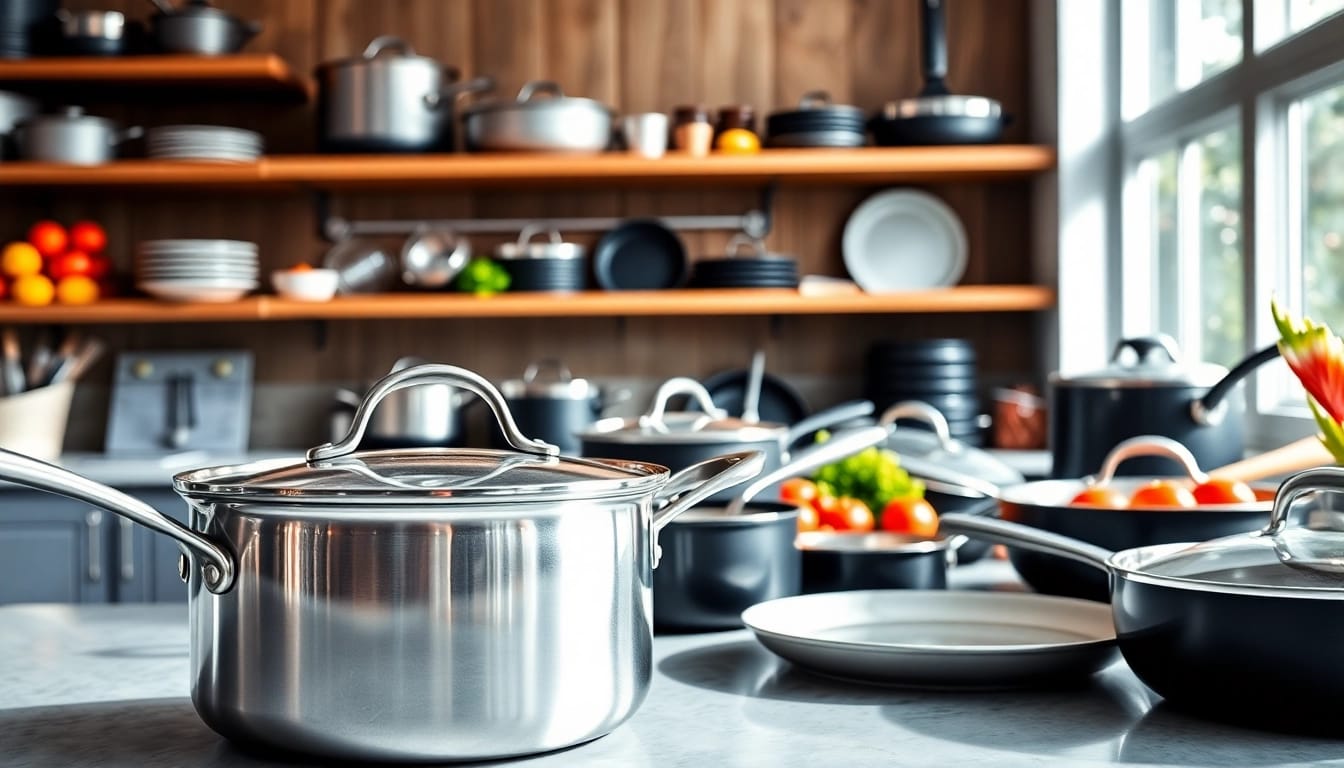 Explore quality cookware NZ collection with stylish pots and pans in a modern kitchen setting.