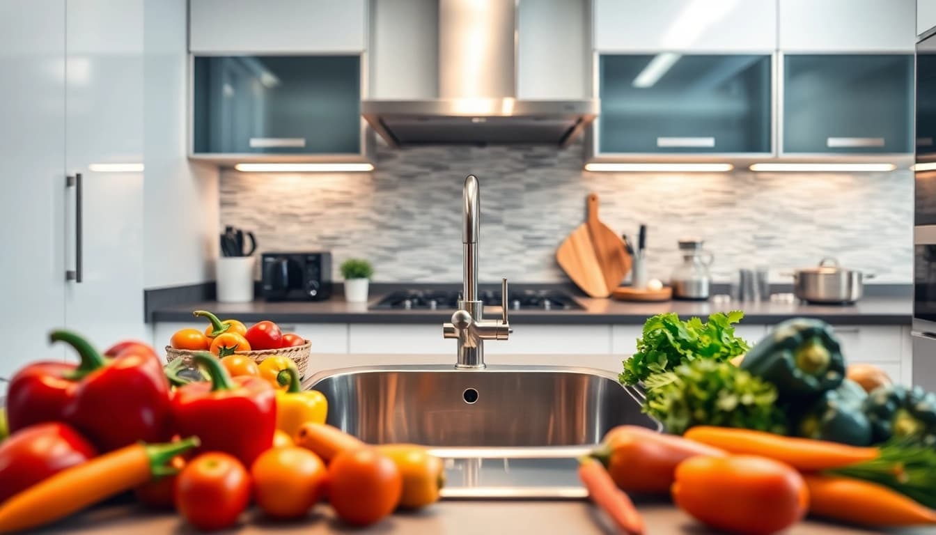 Shimmering steel sink featured prominently in a modern kitchen setup with vibrant vegetables.