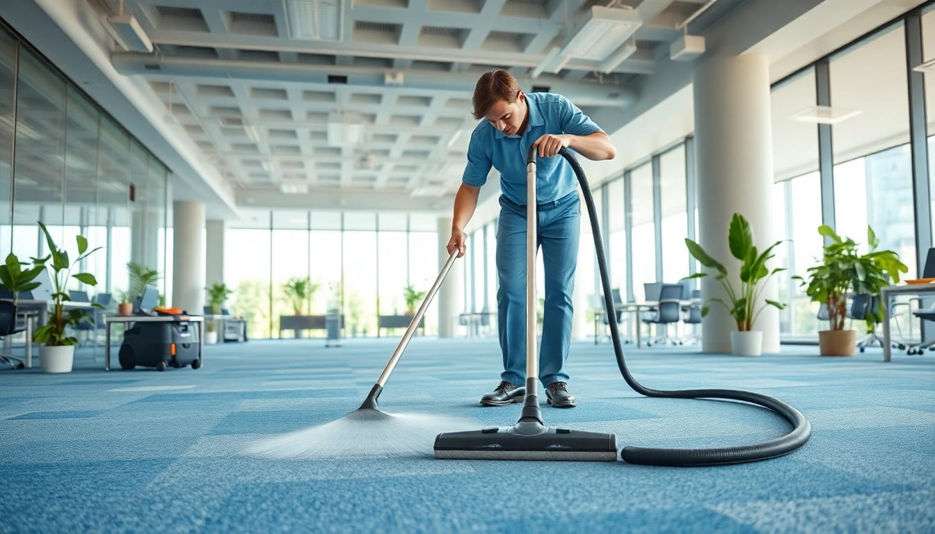 Technician demonstrating effective commercial carpet cleaning in an office setting with modern equipment.