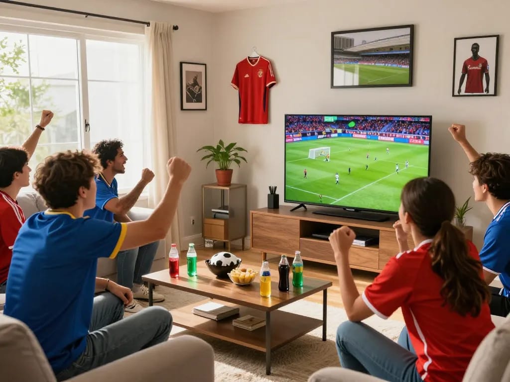 Live football viewing with friends watching trực tiếp bóng đá in a vibrant living room.