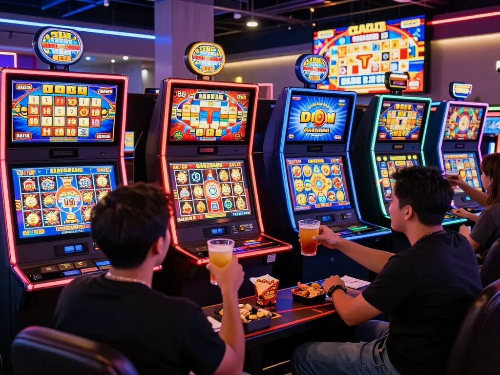 Players celebrating wins on slot gacor machines in a vibrant gaming lounge.