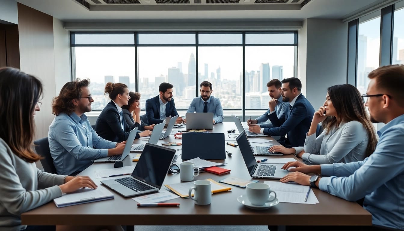 Engaging business meeting showcasing professionals collaborating in a modern workspace.
