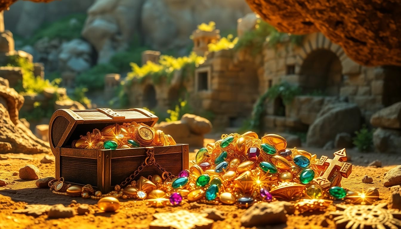 Unveiling the treasures of King Solomon's Mine amidst ancient ruins and vibrant gemstones.