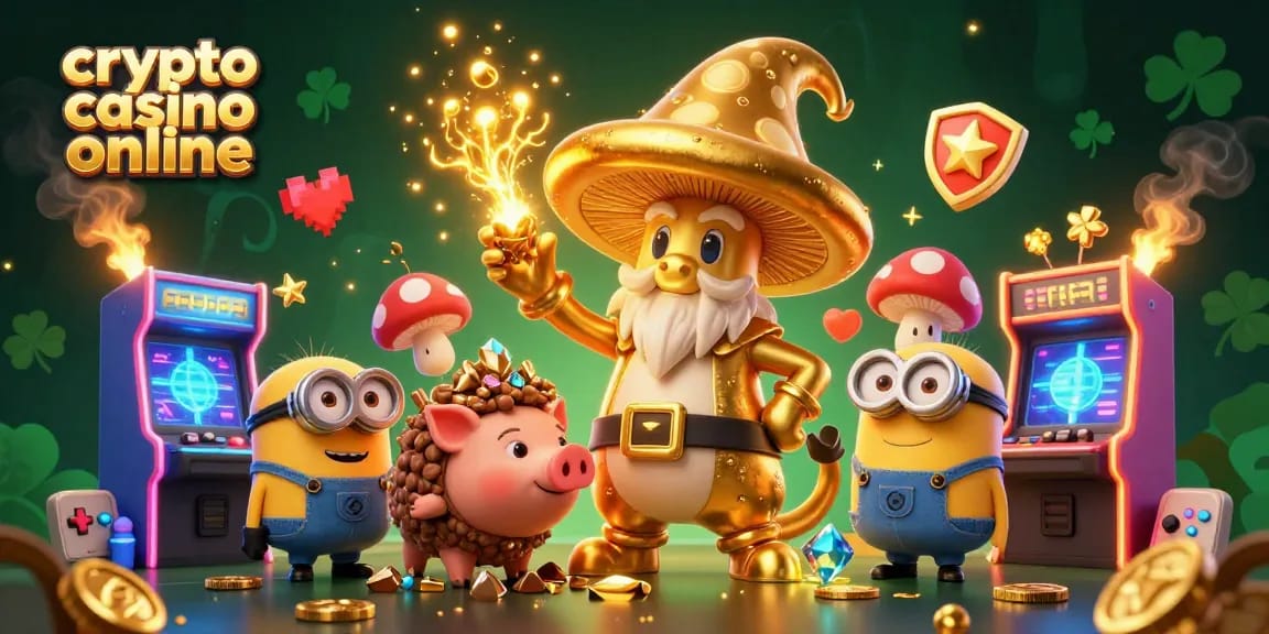 Gioca d'azzardo con criptovalute al crypto casino online circondato da personaggi fantastici e giochi 3D
