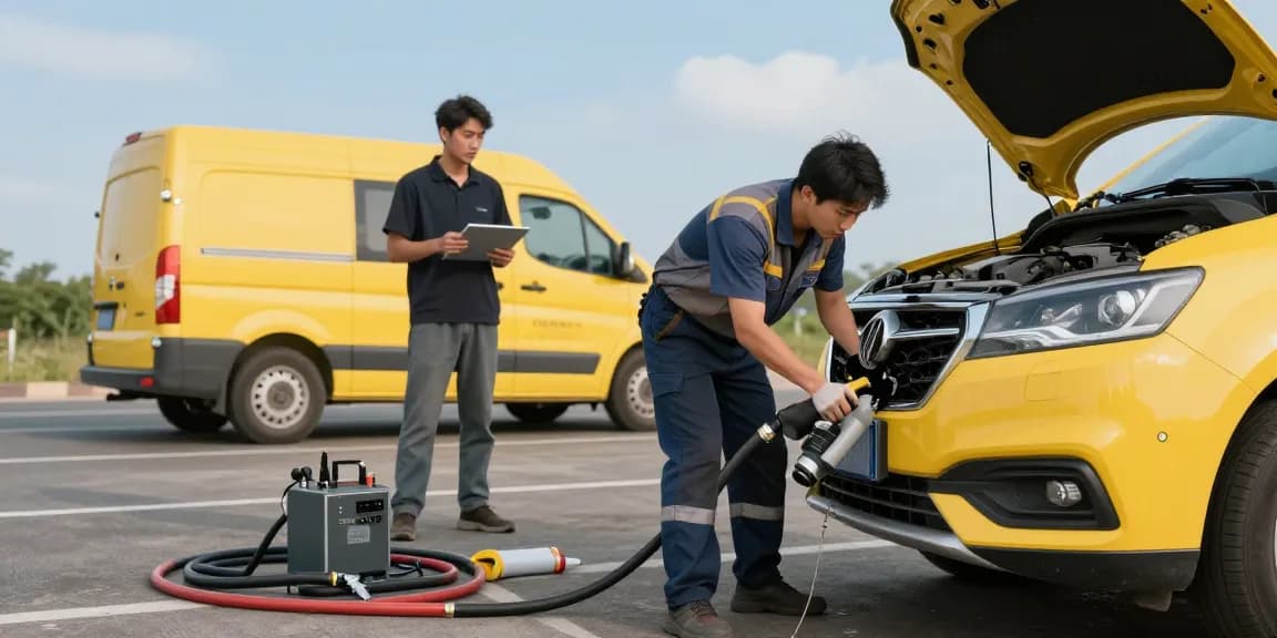 Technician draining petrol in diesel car on roadside for efficient recovery.