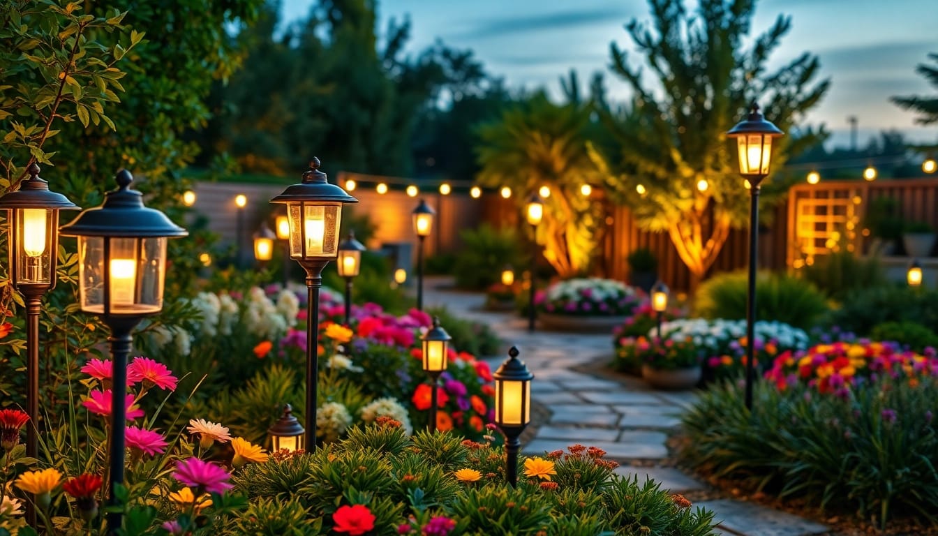 Tuinverlichting creëert een serene sfeer in de tuin met elegante verlichting en bloemen.
