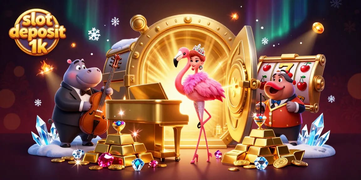 Slot deposit 1k menyajikan suasana kasino megah dengan karakter unik dan banyak emas bersinar.