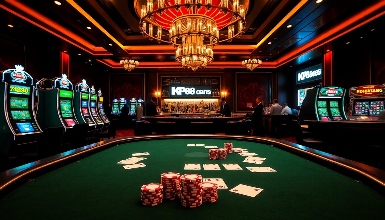 Engaging poker action at KP88 casino table with chips and cards illuminated.