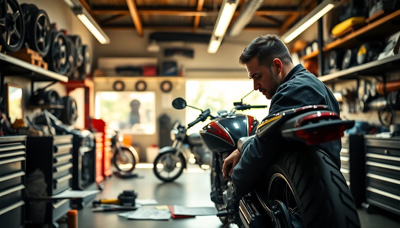 Ein Mechaniker in einer Motorrad Werkstatt repariert ein Motorrad mit großen Werkzeugen.
