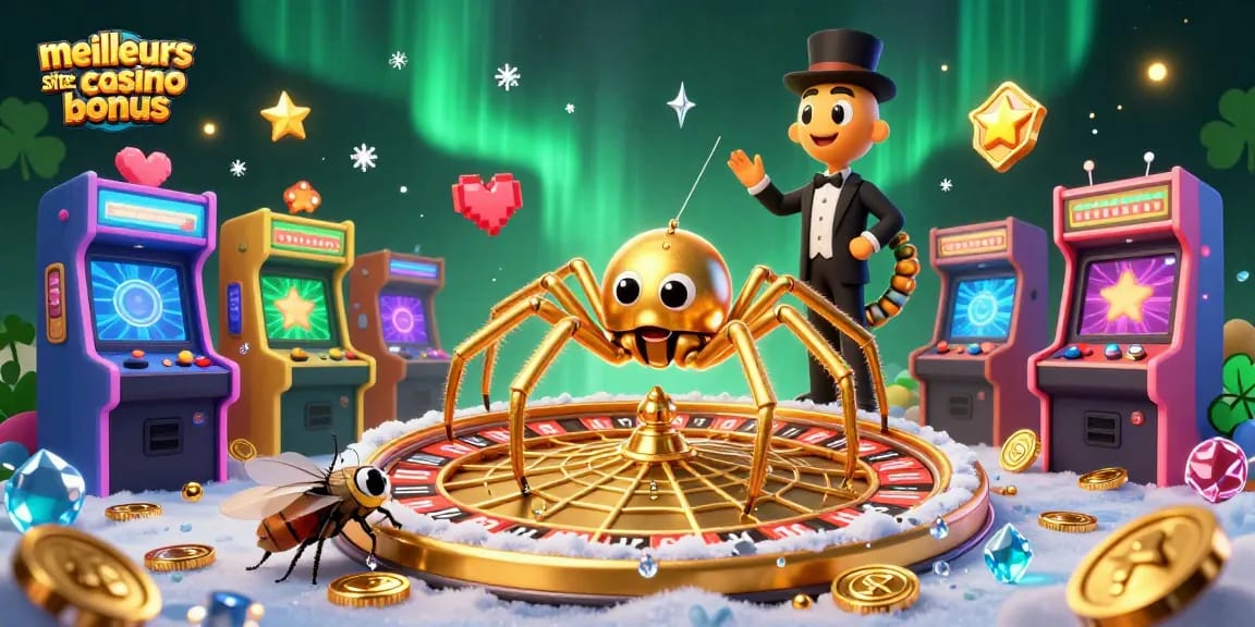 Découvrez les meilleurs sites casino bonus avec une araignée dorée tournant une roulette fascinante dans une scène dynamique.
