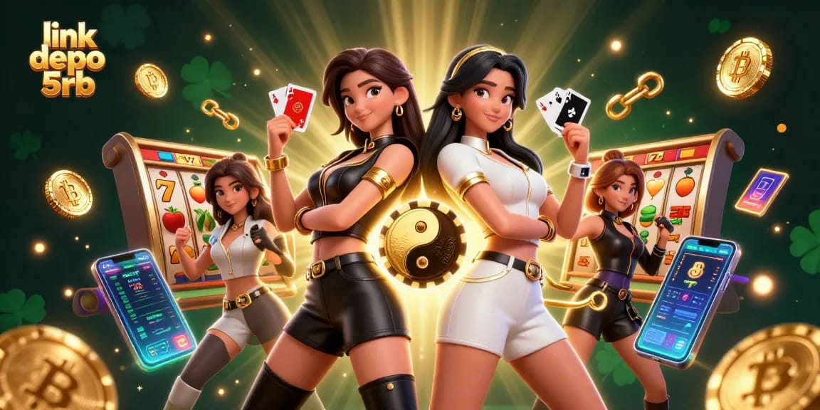 Elevate your game with link depo 5rb featuring two stunning Asian women displaying playing cards and casino symbols.