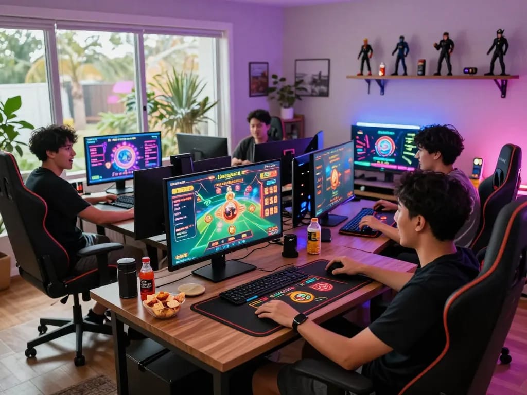 Players enjoying live casino games at https://bong99.pro/ in a lively home setting with vibrant game displays and snacks.