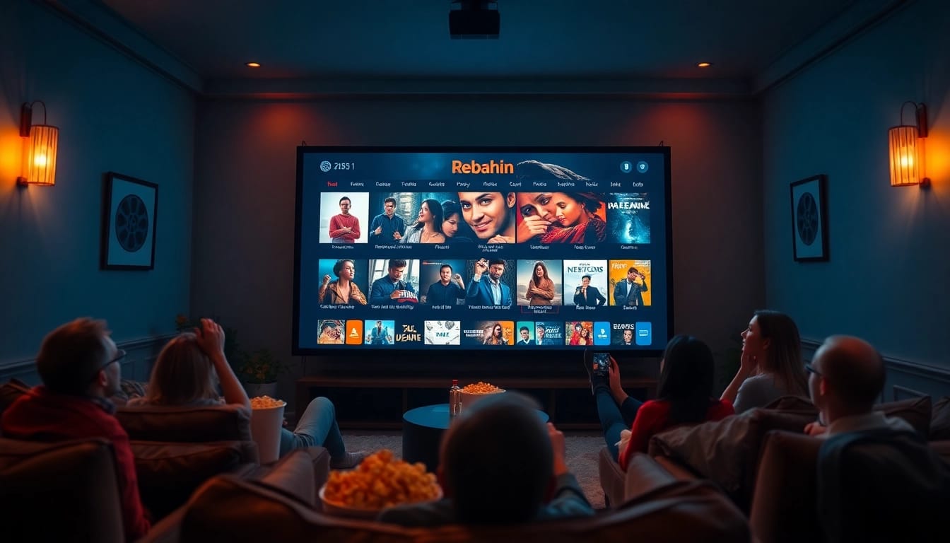 Excited viewers enjoying rebahin film in a cozy home theater.
