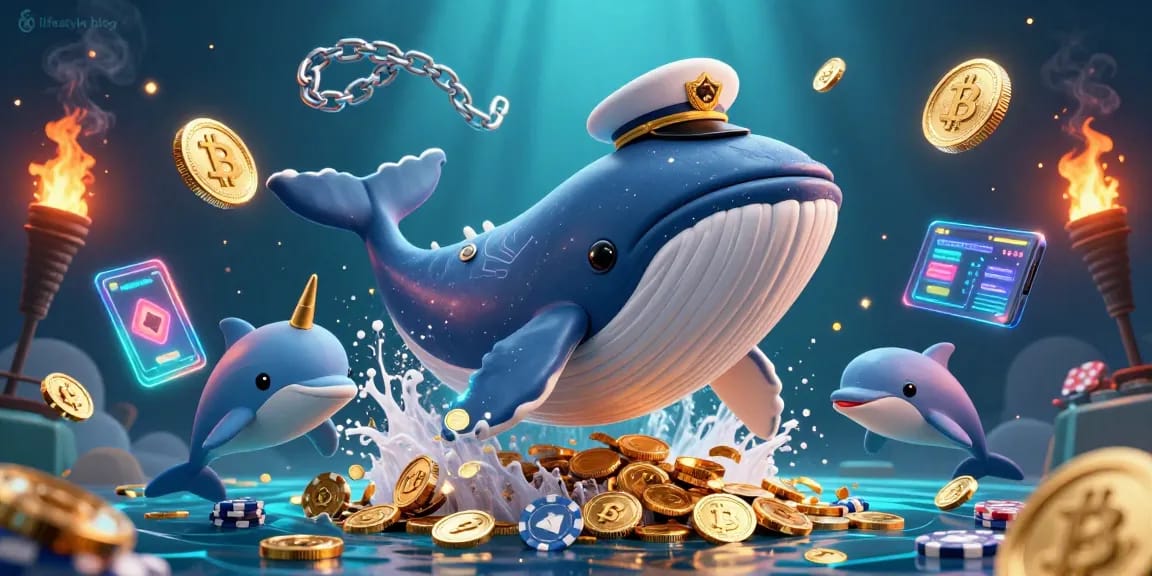 This vibrant illustration captures a lifestyle blog's casino adventure with playful dolphins and a majestic whale.