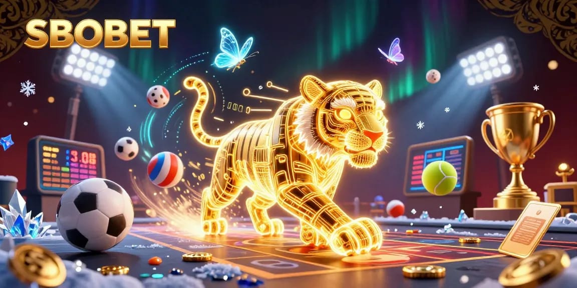 Bet on SBOBET with excitement as the glowing tiger and sports elements bring the casino to life!
