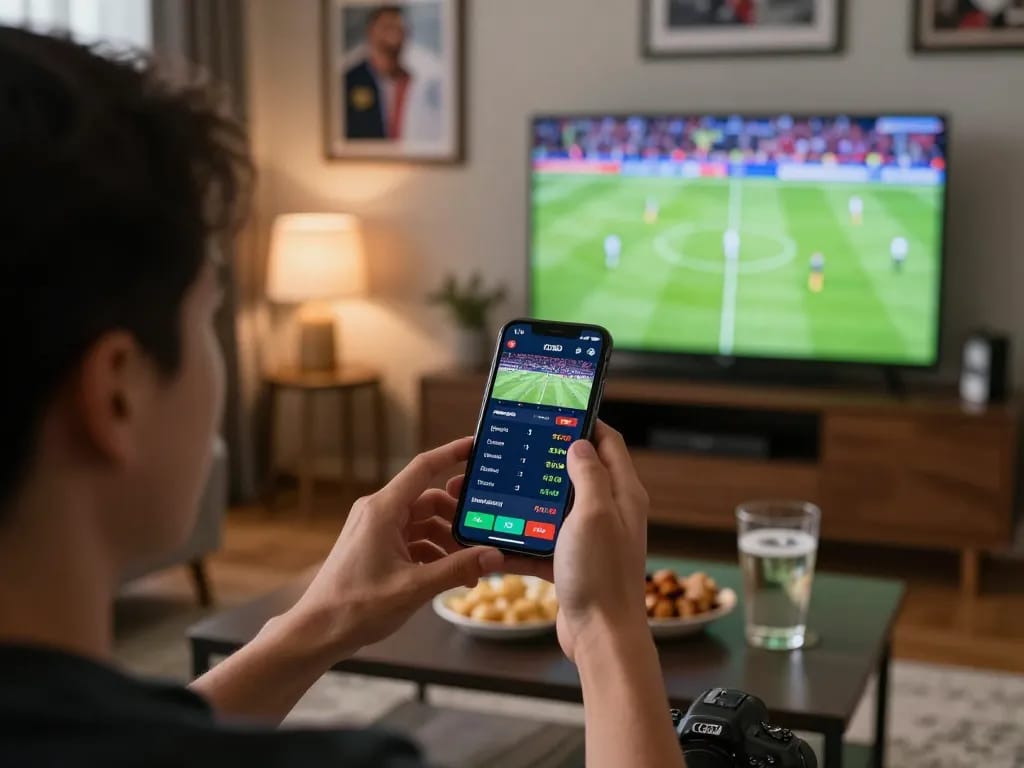 KQBD sports betting excitement with live odds on a smartphone while watching a match.