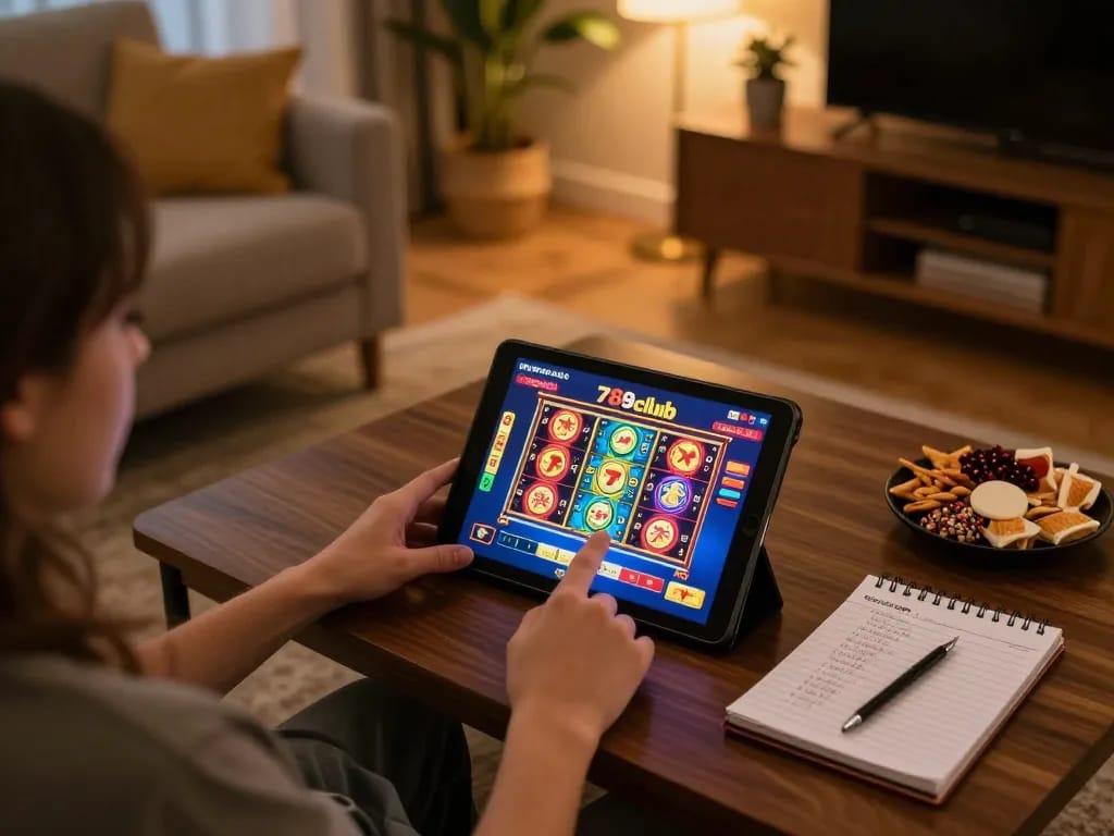 Engaging in online gameplay at 789club app in a cozy home setting with strategic notes