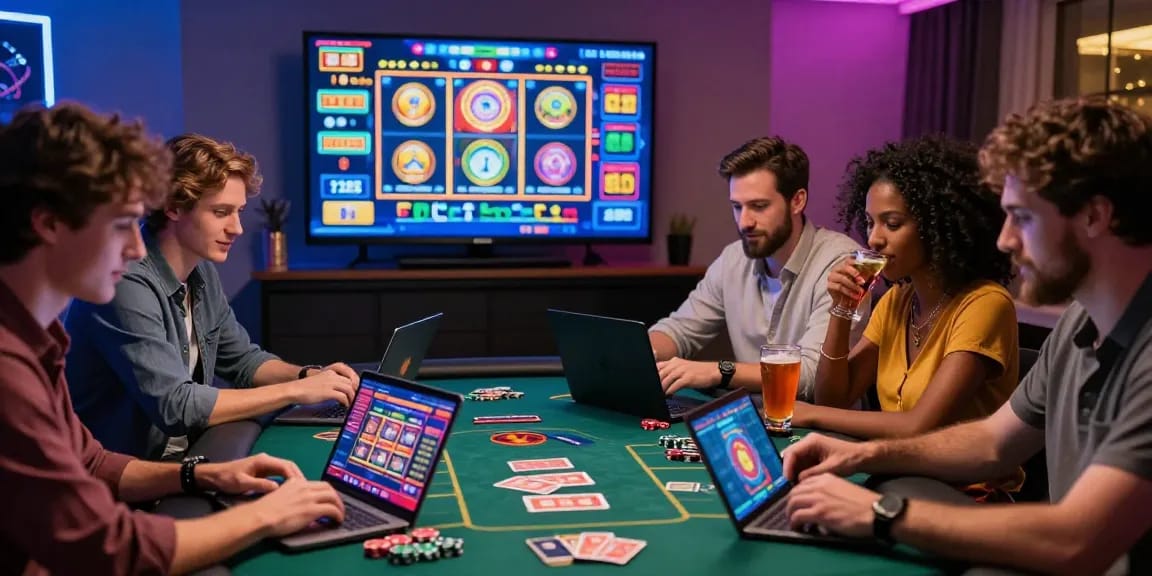 Exciting online gaming setup with friends using casinos that accept credit cards, showcasing vibrant lights and engaging casino games.