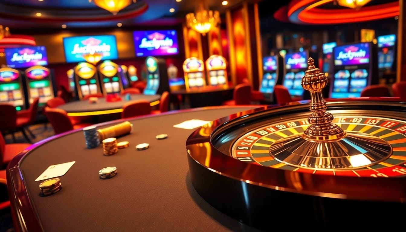Experience the thrill of betting at https://luckywin.fan/ with vibrant casino tables, poker chips, and roulette.