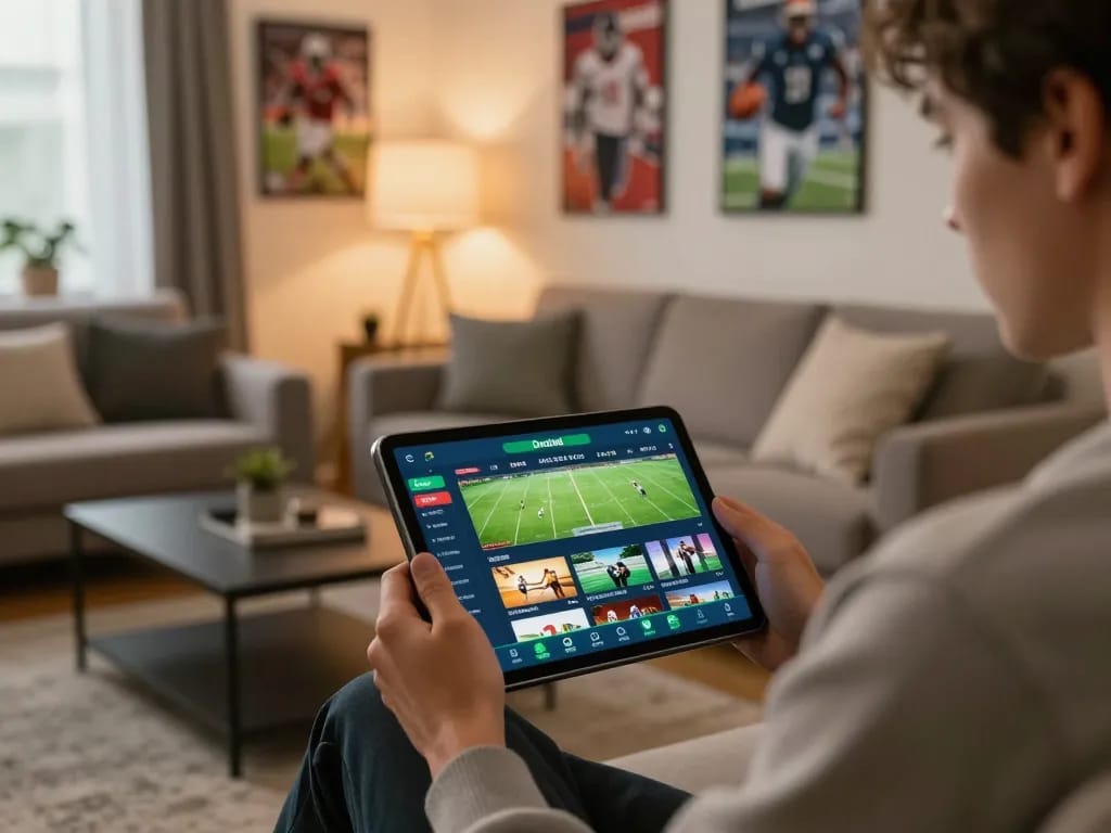 Engaging scene of sports betting on cakhia tv with a person focused on tablet interface.