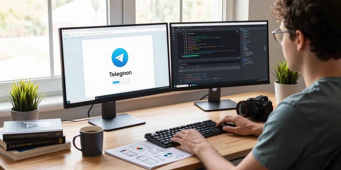 Innovative workspace showcasing the 纸飞机下载 app development process with dual monitors and coding elements.