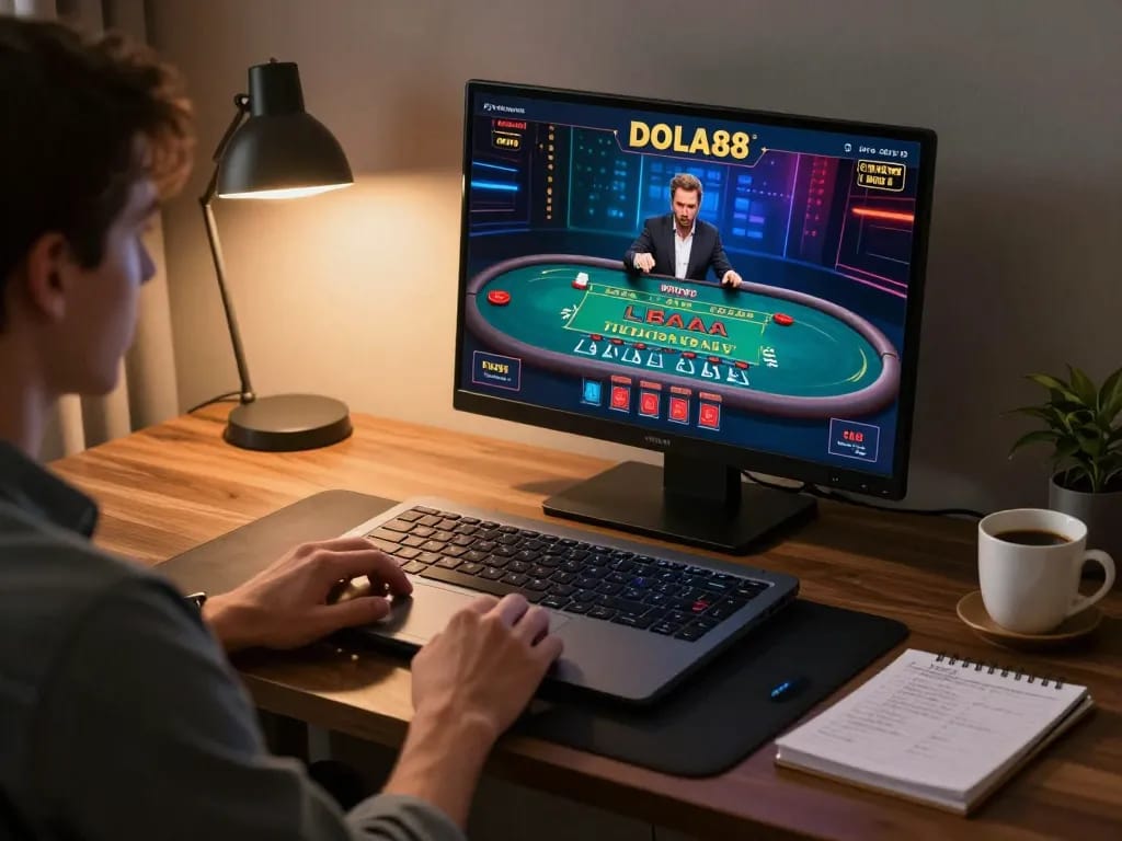 DOLA88 player engaging in live baccarat game on laptop at home office, highlighting immersive online gaming experience.