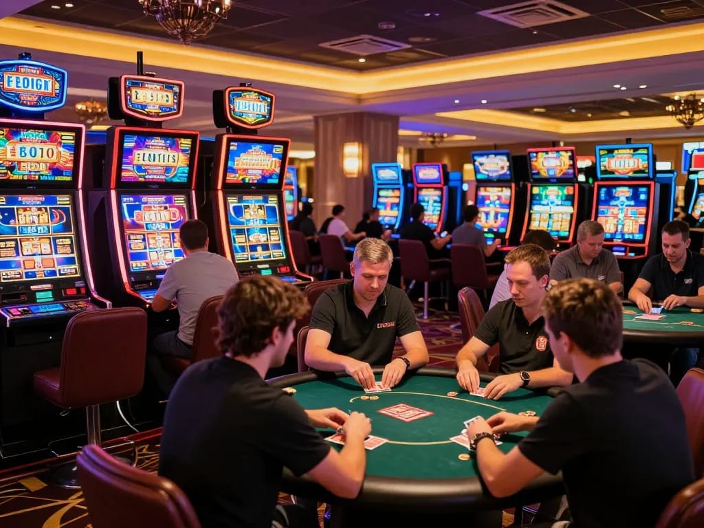 Suasana penuh aksi di kasino menunjukkan pemain di mesin slot, mencerminkan kegembiraan permainan mau777 link alternatif
