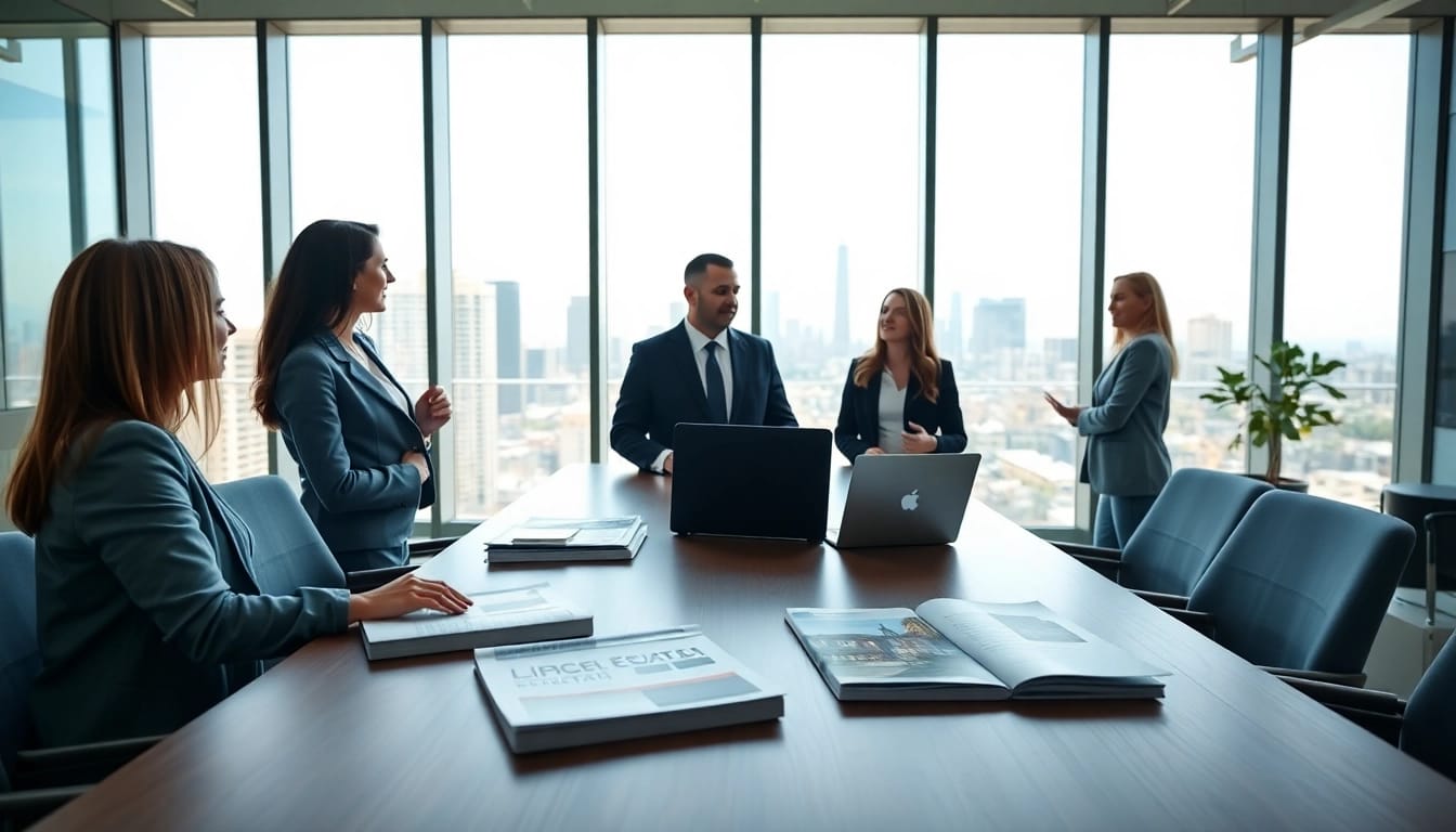 Engaging real estate environment with agents assisting clients in finding properties.